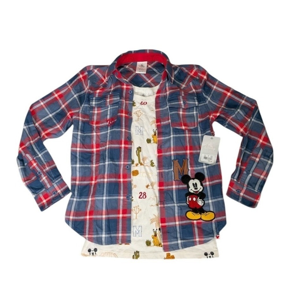 Disney Mickey Mouse Boys Plaid Button Down Shirt and T-Shirt Set Size 9/10 NWT
